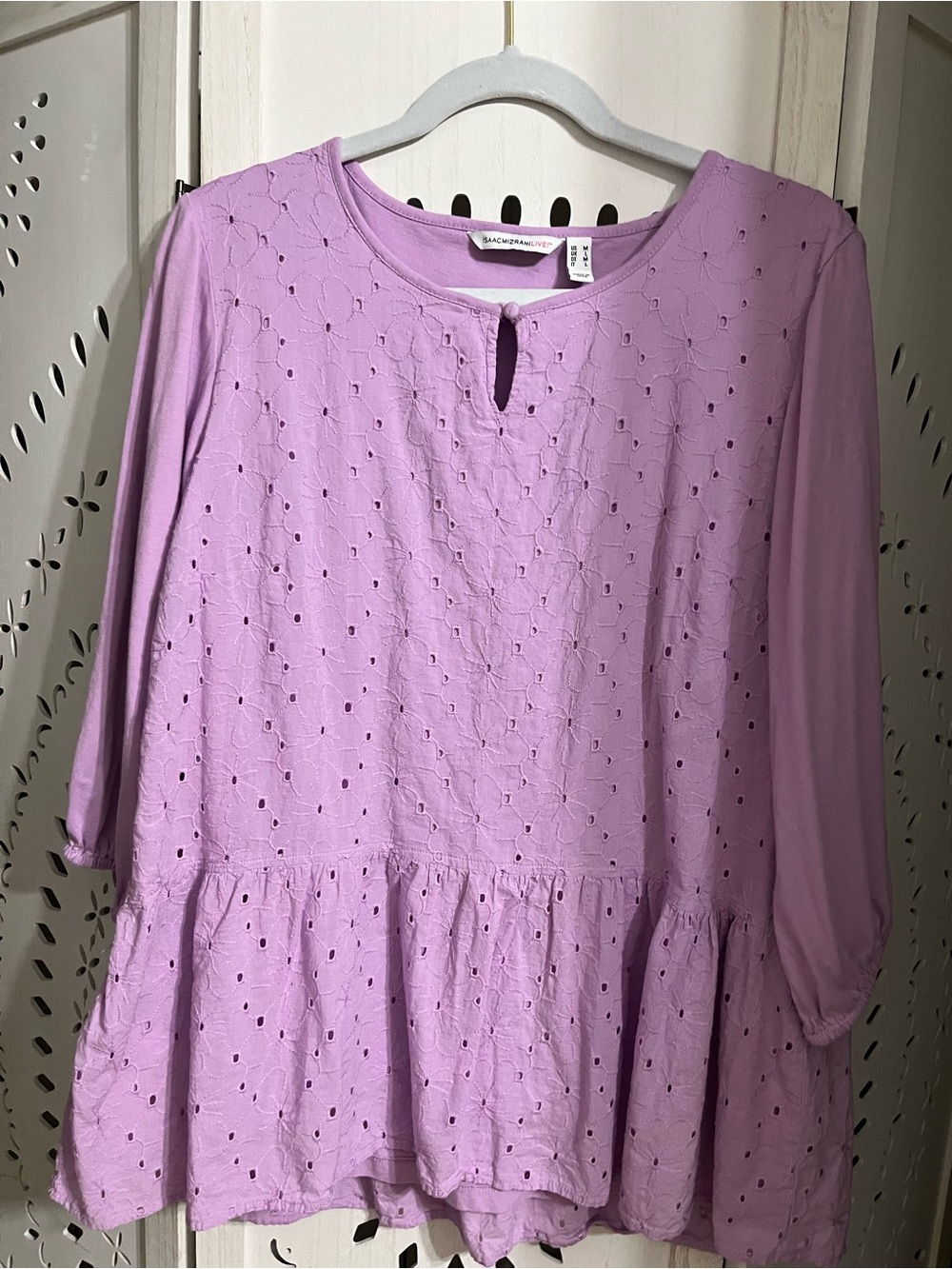 Isaac Mizrahi Lavender Embroidered Eyelet Peplum Top